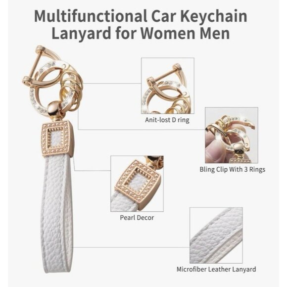 White Car Key Fob Cover with Pearl Keychain Lanyard Cute Modern Car Accessory - Picture 5 of 6